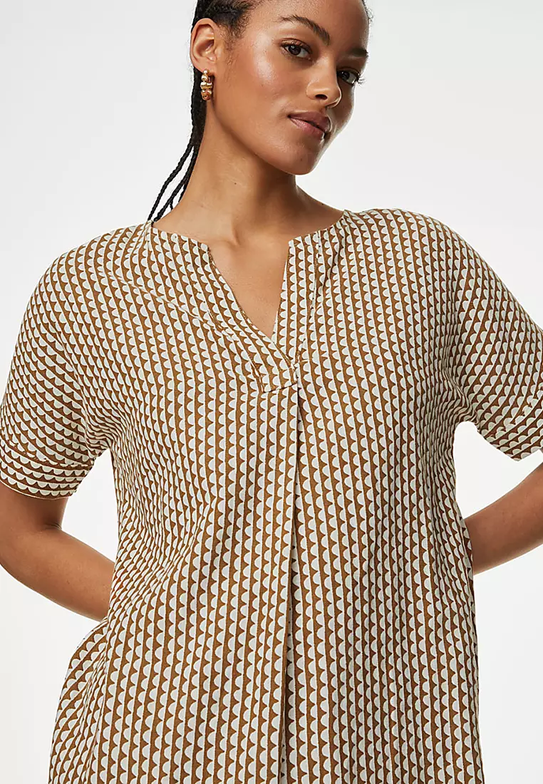 Linen Rich Printed V-Neck Shift Dress