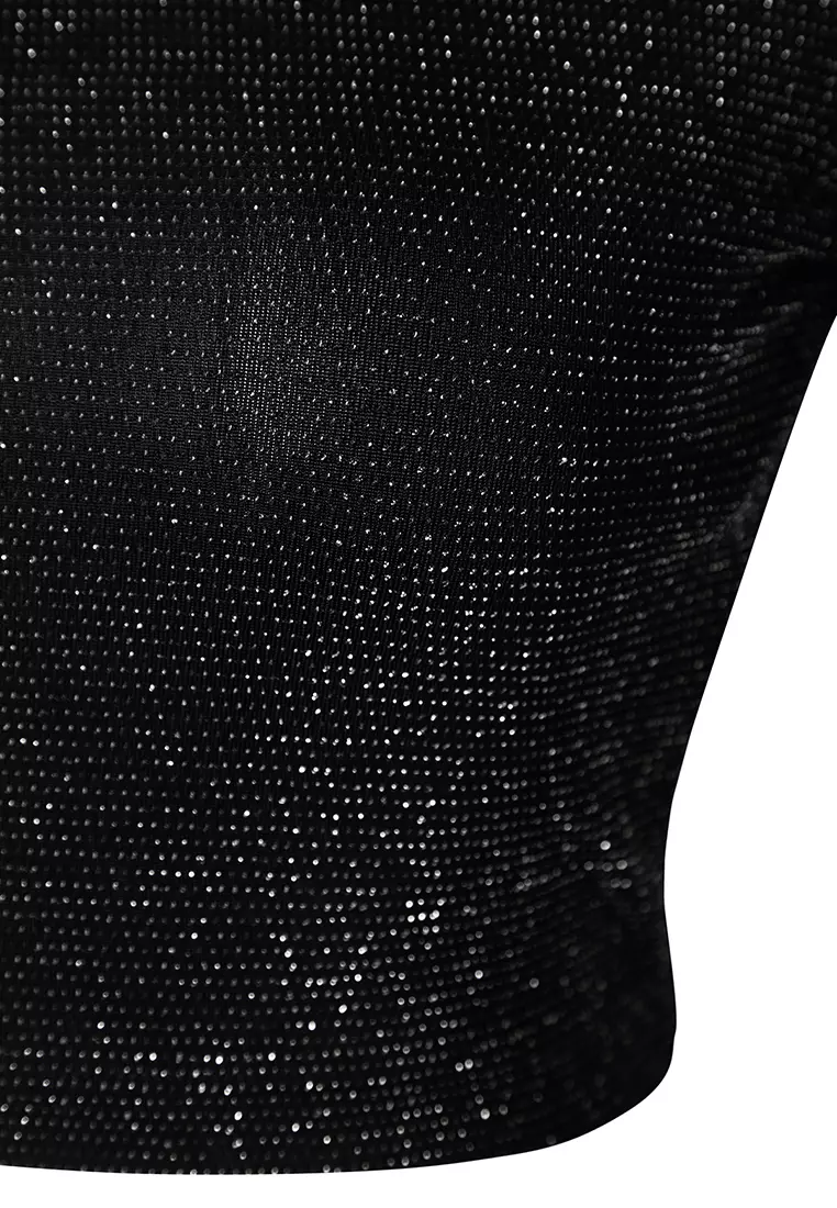 Anthracite Crop Back Detail Glitter Knitted Blouse