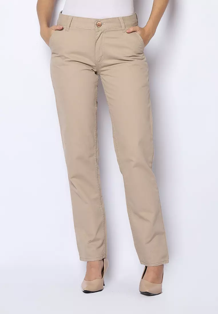 Twill Celana Panjang Wanita Slim Fit Cheerful Light Khaki 222508