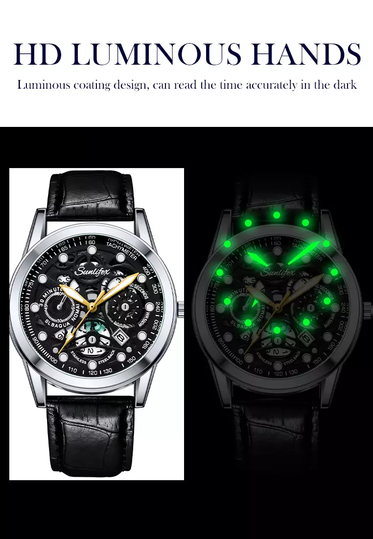 Jam Tangan Pria Dial Berongga Anti Air Kuarsa Tali Kulit Jam Pria Original Santai Mode Jam Tangan Cowok 7001 all black