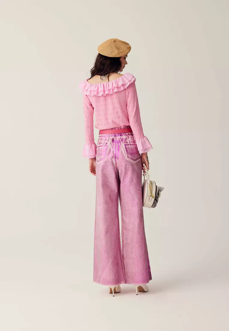 Double Layer Flounce Collar Pink Top