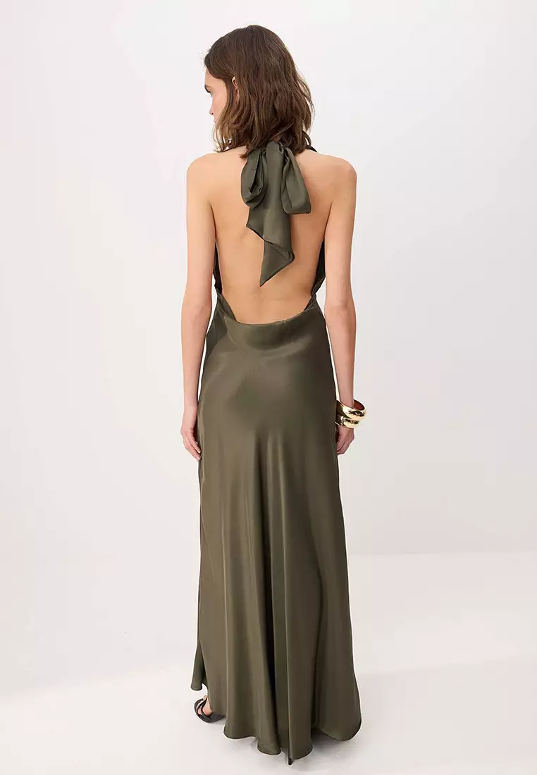 Khaki Plain Woven Satin Maxi Evening Dress & Graduation Dress