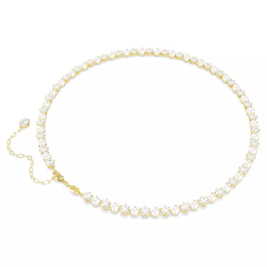 Matrix Tennis necklace, Crystal pearl, Round cut, White, Gold-tone plated