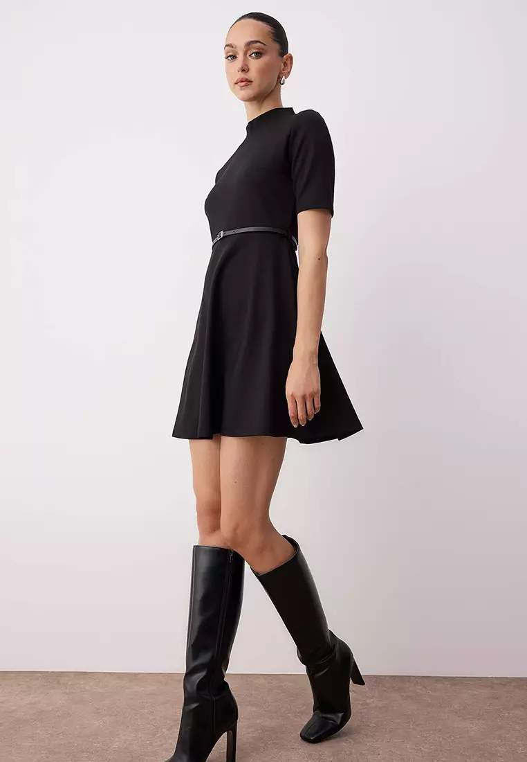 Black Stand Collar Three Quarter Sleeve Skater/Waist Open Mini Knit Dress