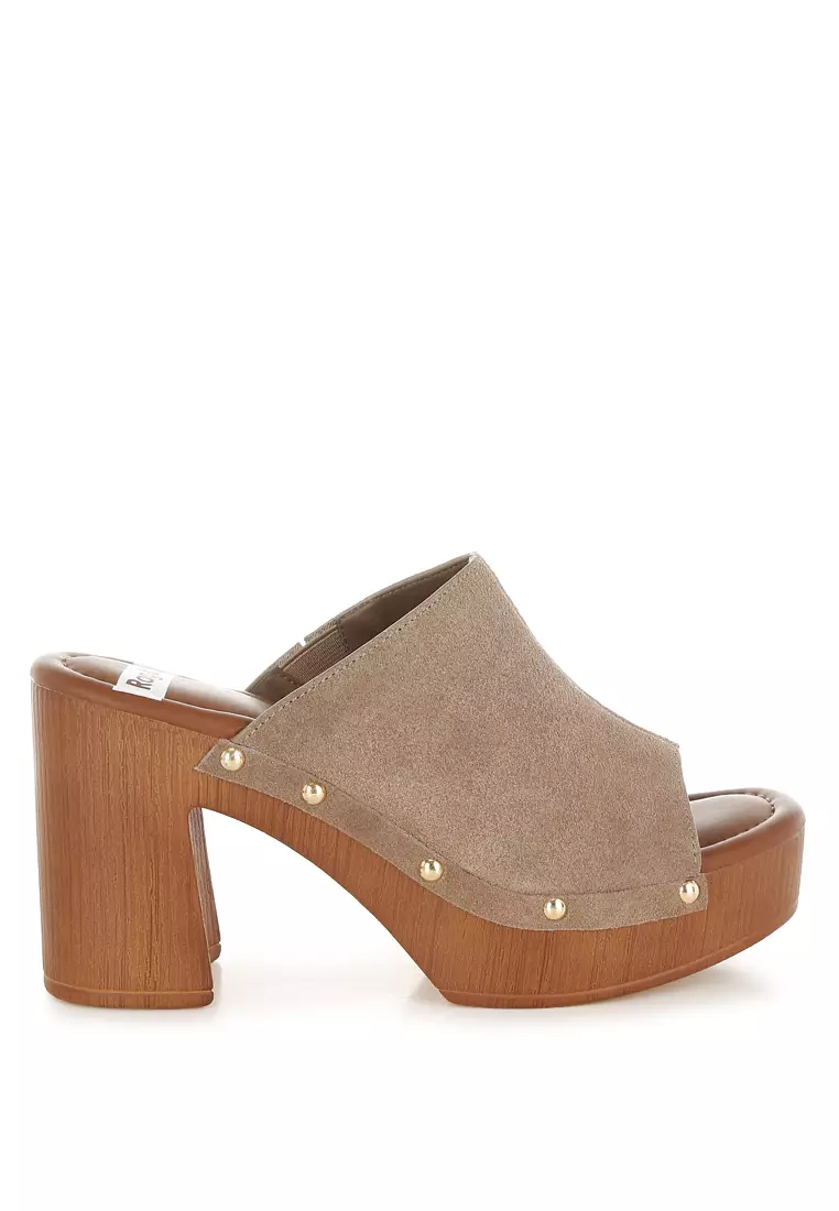 Soft Suede Leather Wooden Clogs In Taupe