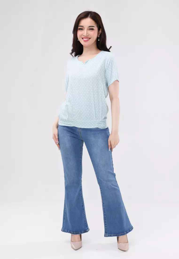 Printed Rayon Short Sleeves Round Neck Blouse