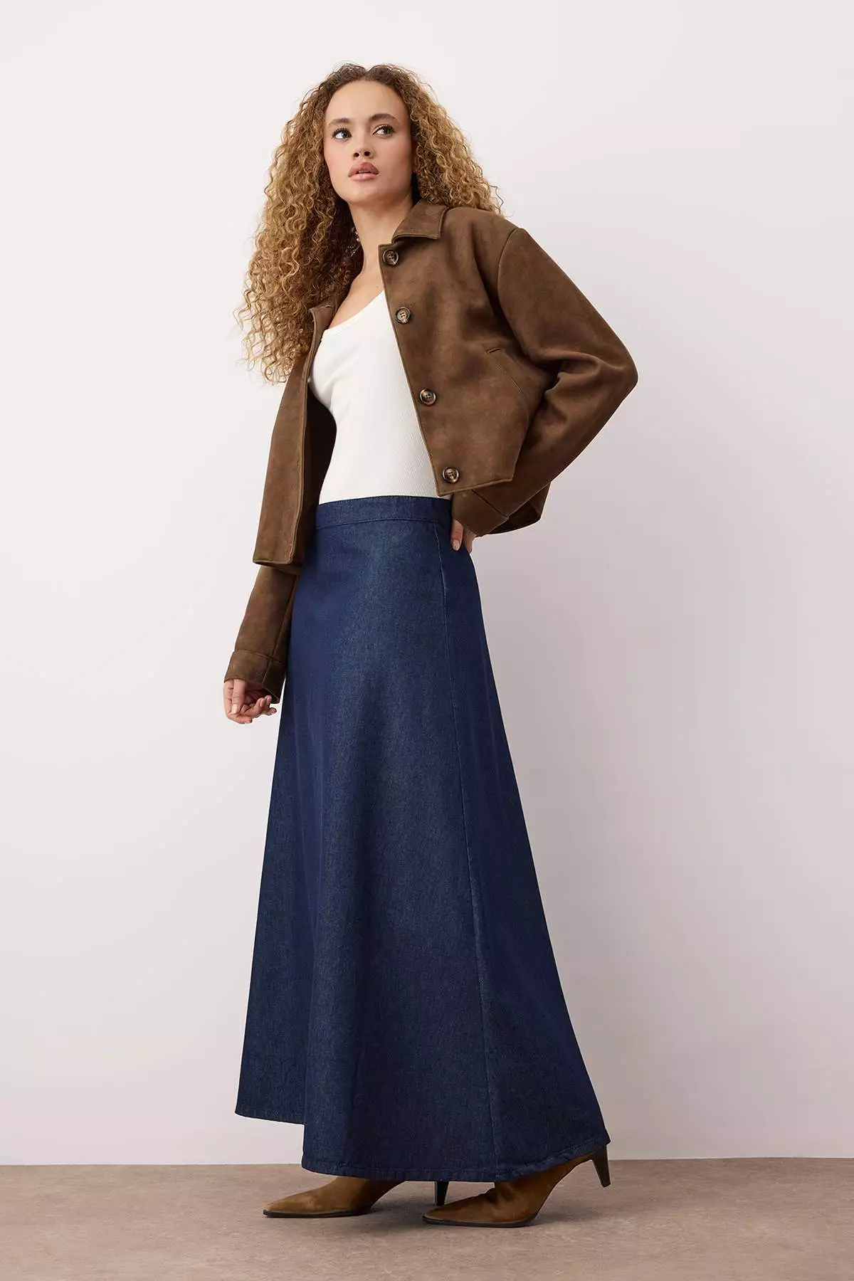 Dark Blue Flounce Maxi Denim Skirt