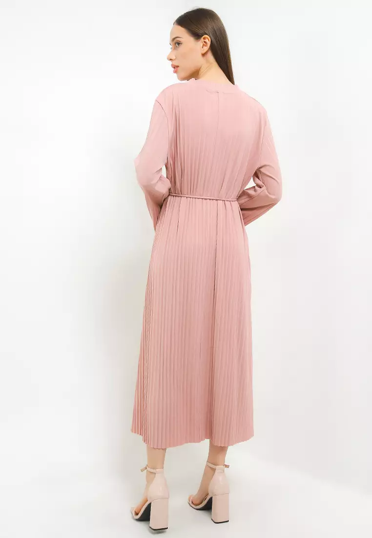 L/S Pleated A-Line Dress W/ Maxy Neck Ribbing
