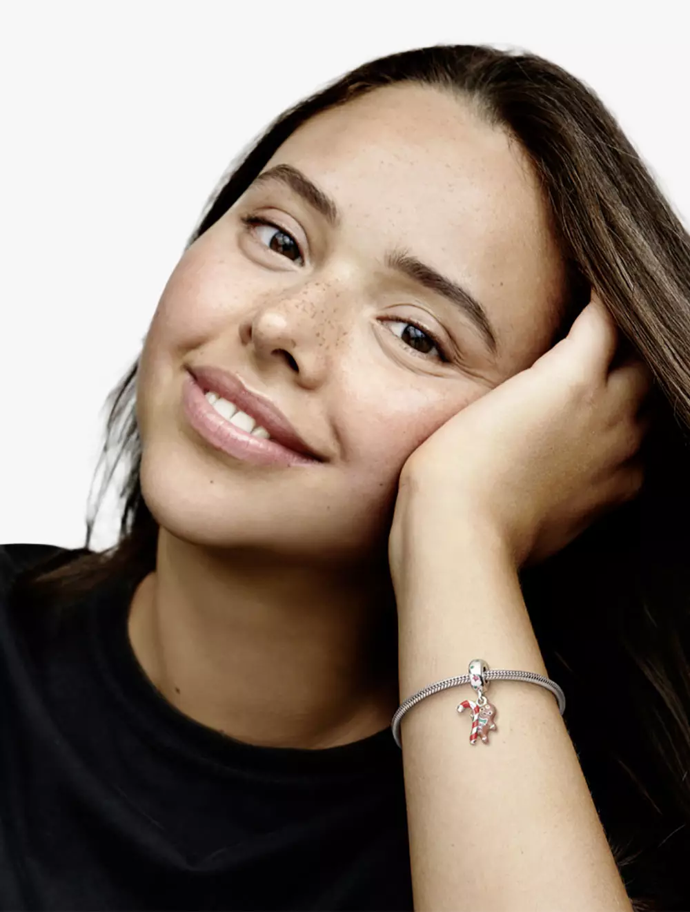 Ginger bread man with candy cane sterling silver dangle with spectra green crystal, red cubic zirconia, red, pink, brown and green enamel