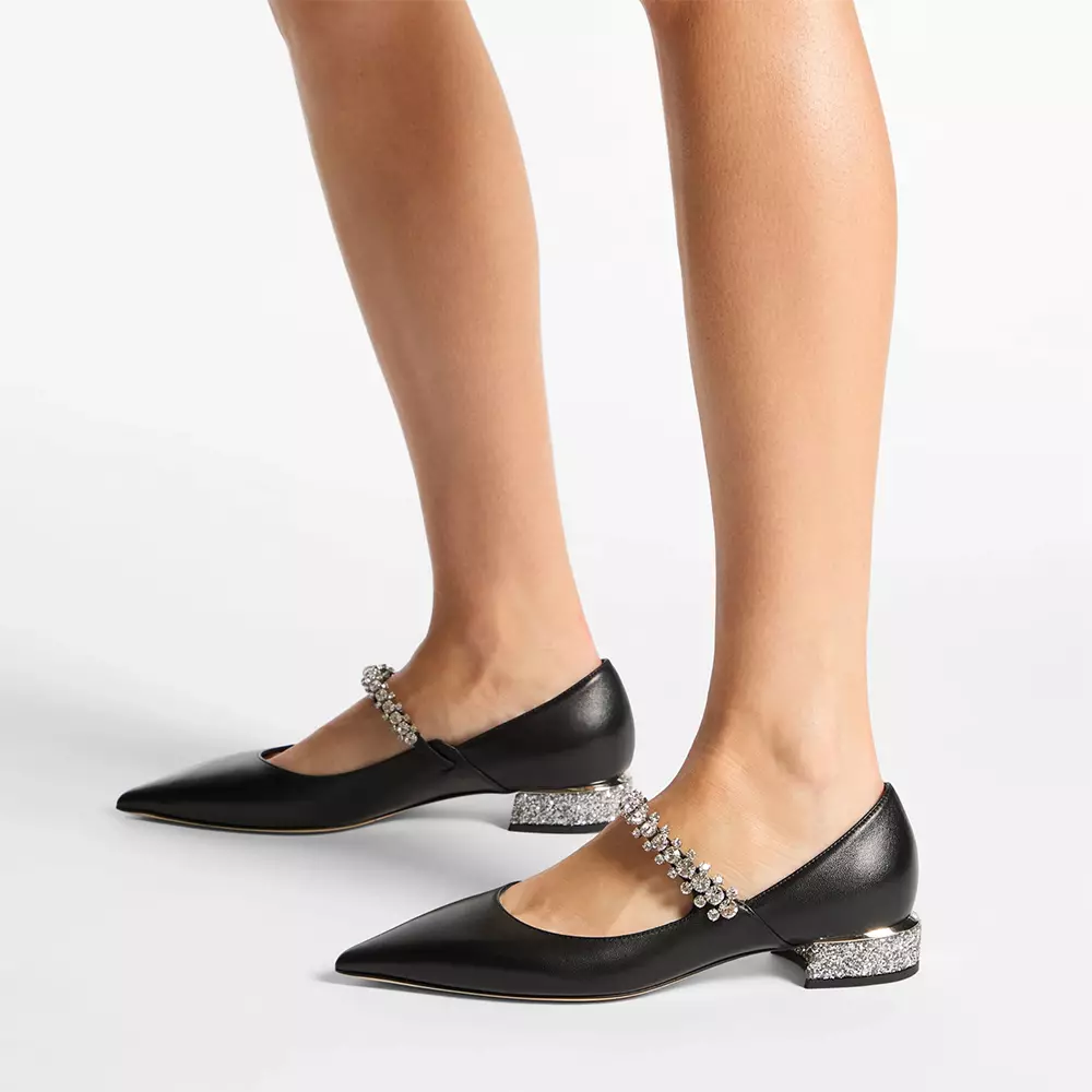 Bing 25 Crystal Strap Nappa Leather Flat Pumps Black Silver