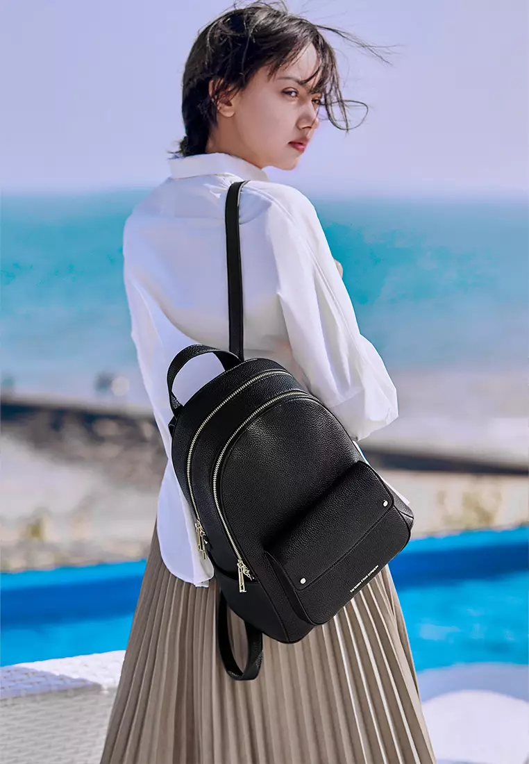 Alexandra 女式皮革双肩背包 多隔层 輕便大容量-黑色