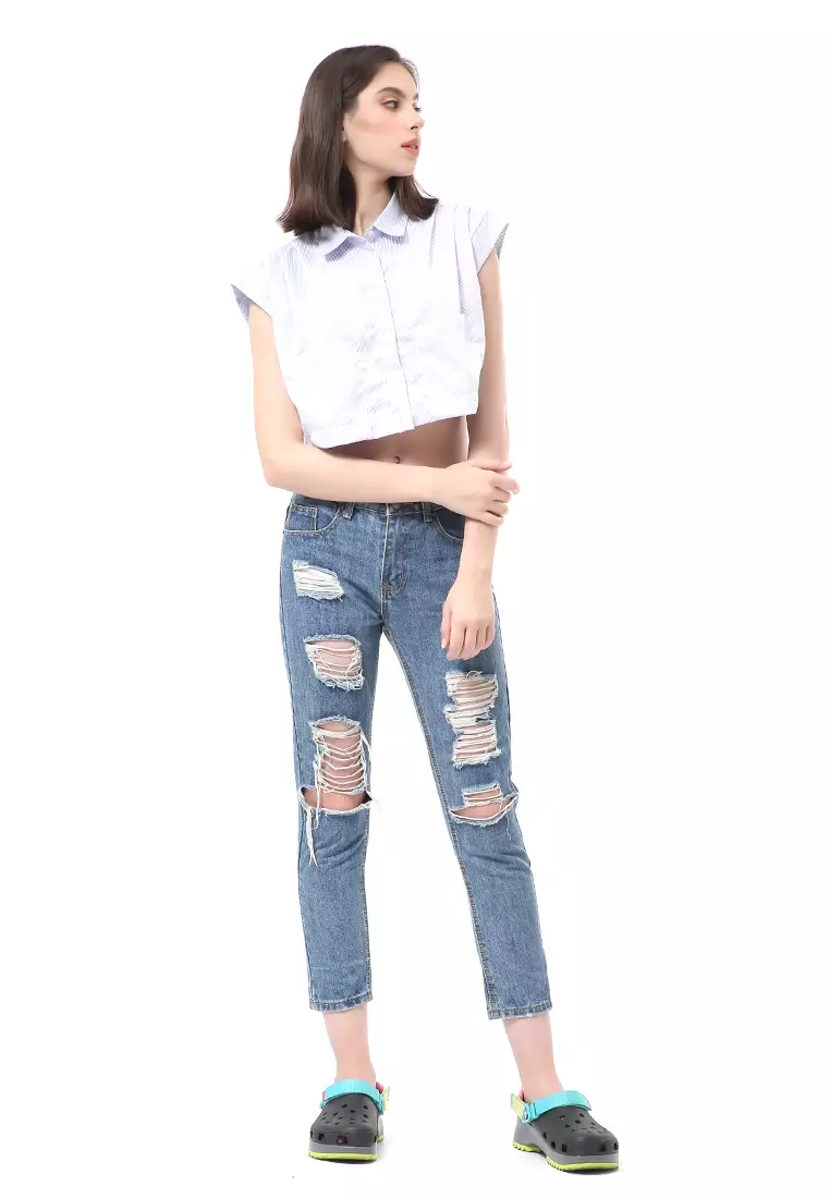 Brielle Atasan Wanita Model Serut Drawstring Top Lengan Pendek Material Cotton ORIGINAL - Blue