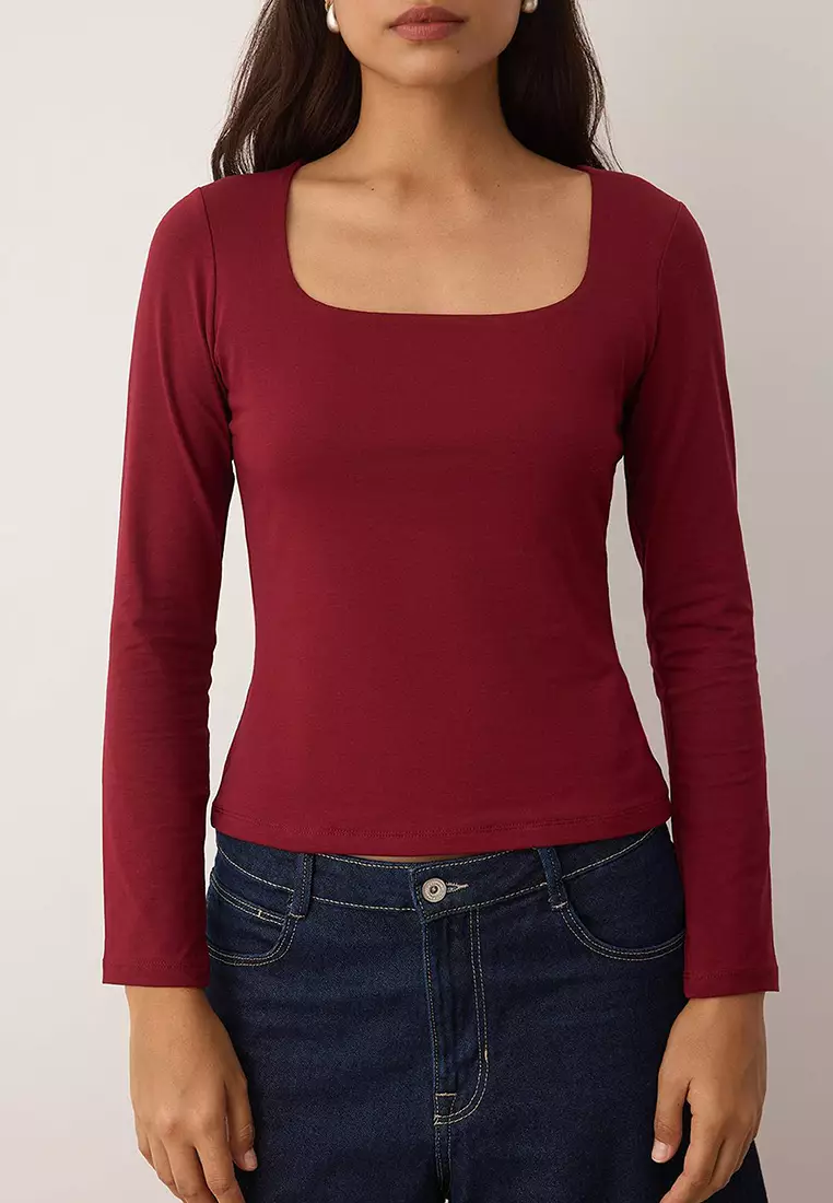 Burgundy Cotton Flexible Square Collar Fitted/Body-Smoothing Knitted Blouse Twoaw24Bz00016
