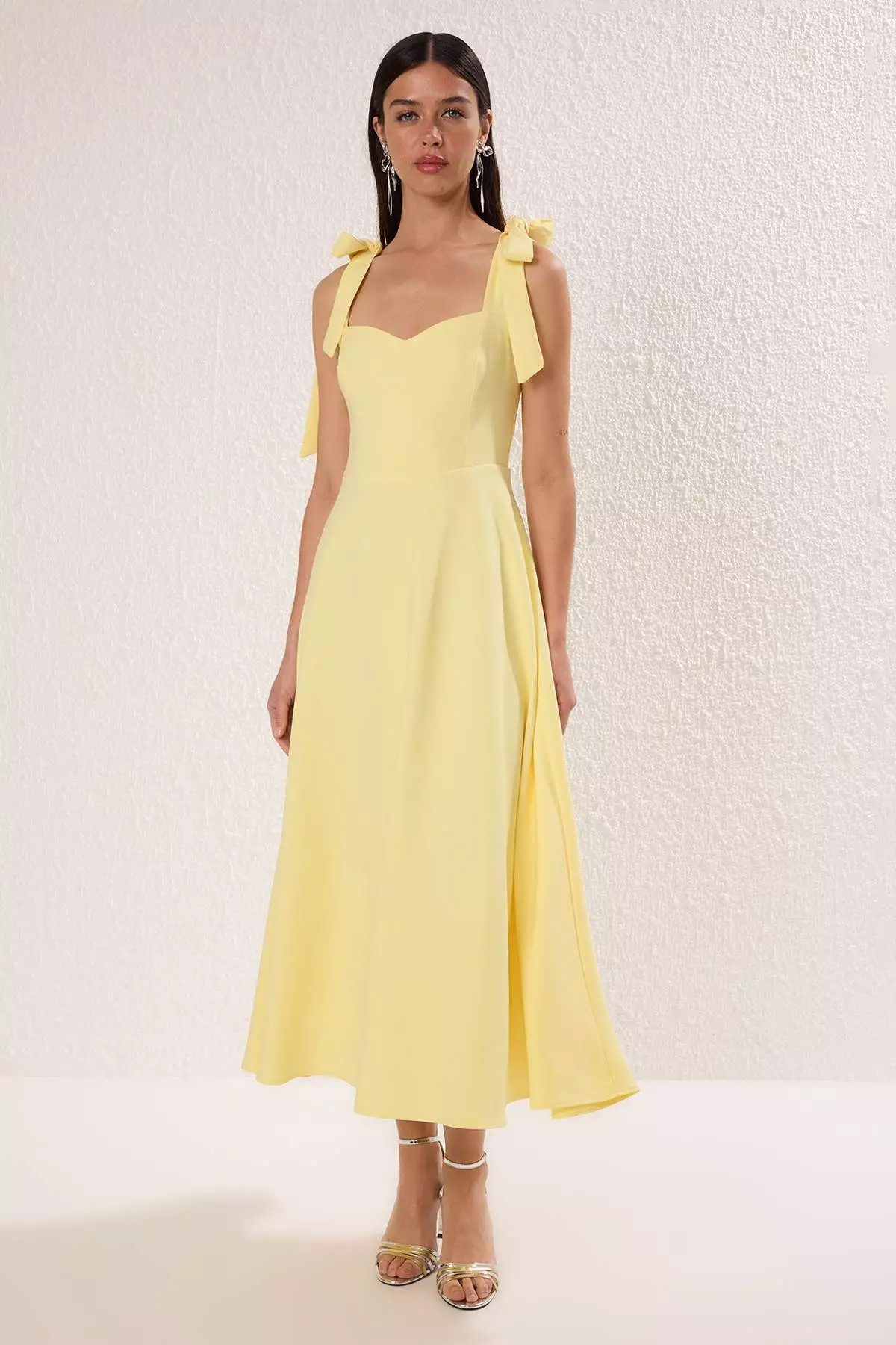 Light Yellow A Line Strap Lacing Detailing Midi Stylish Evening Dress