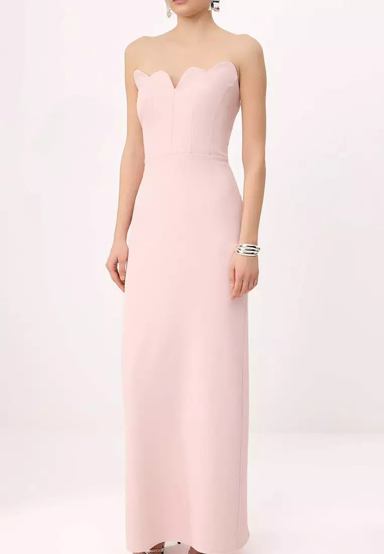 Powder Plain Strapless Woven Finike Maxi Evening & Graduation Dress Tprss26Ae11