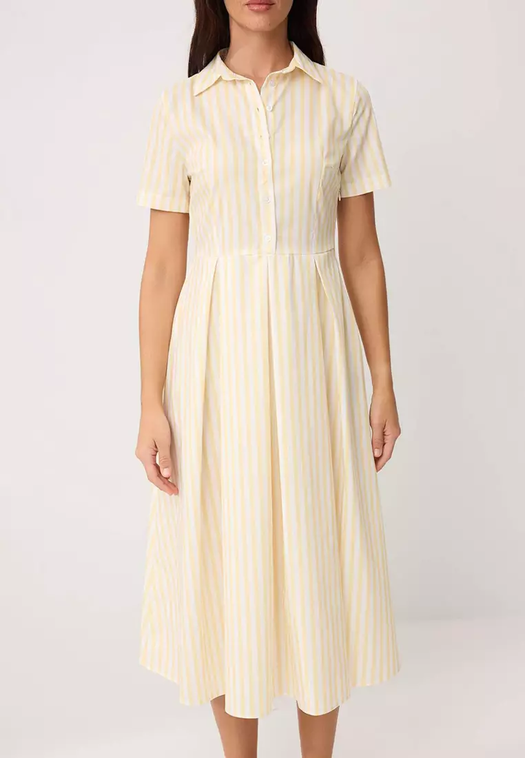 Yellow Striped Skirt Waist Opening Buttoned Midi Woven Dress Twoss25El187
