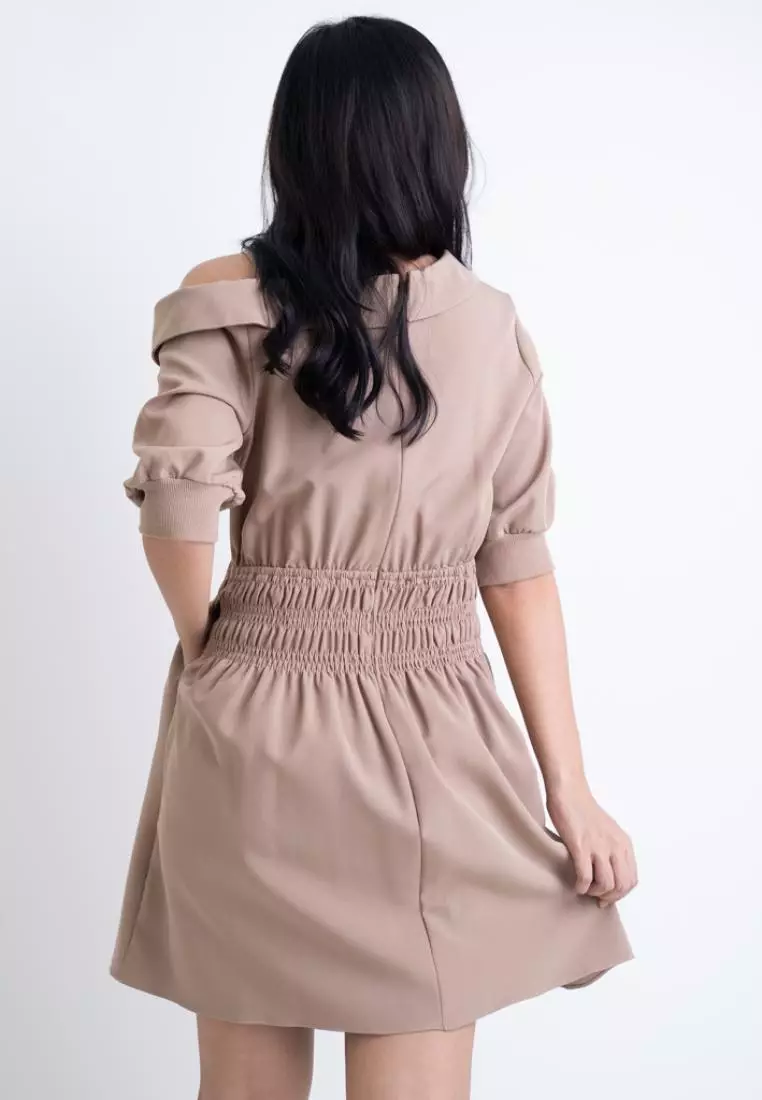 SIDE SHOULDER WITH ELASTICITY WAISTBAND DRESS