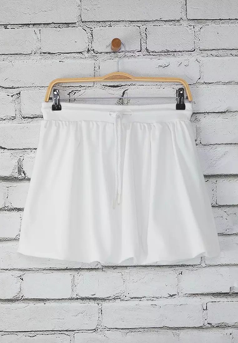 White Lace-Up Waist Balloon Mini Skirt
