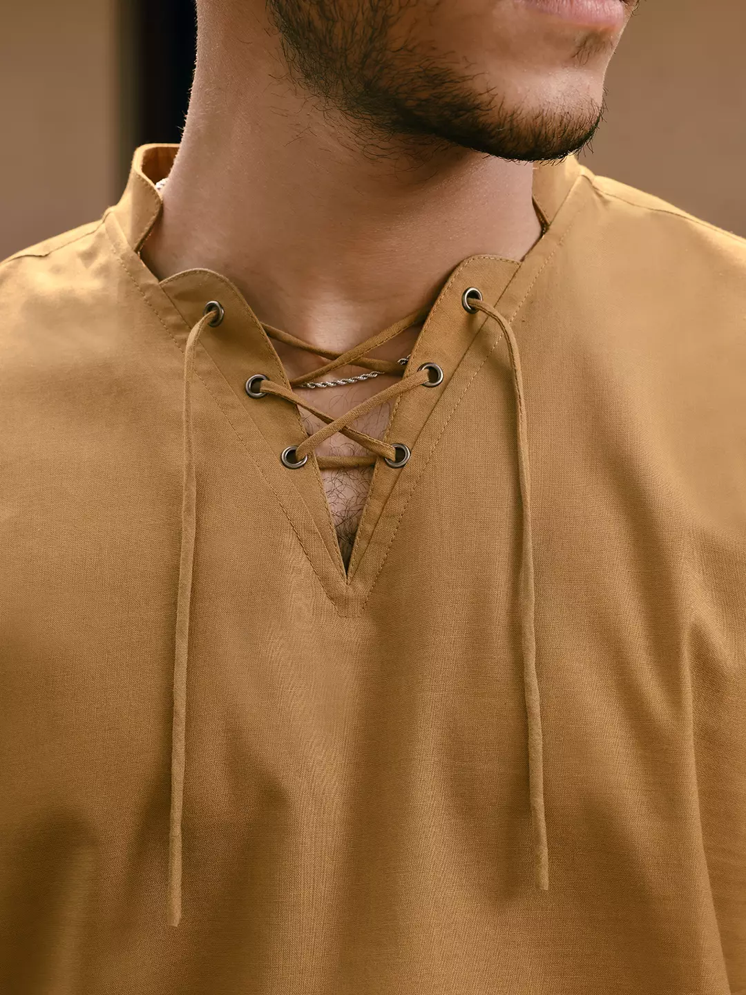 OXCON ZUHUD Kemeja koko Modern Linen Look Collarless Shirt Sand