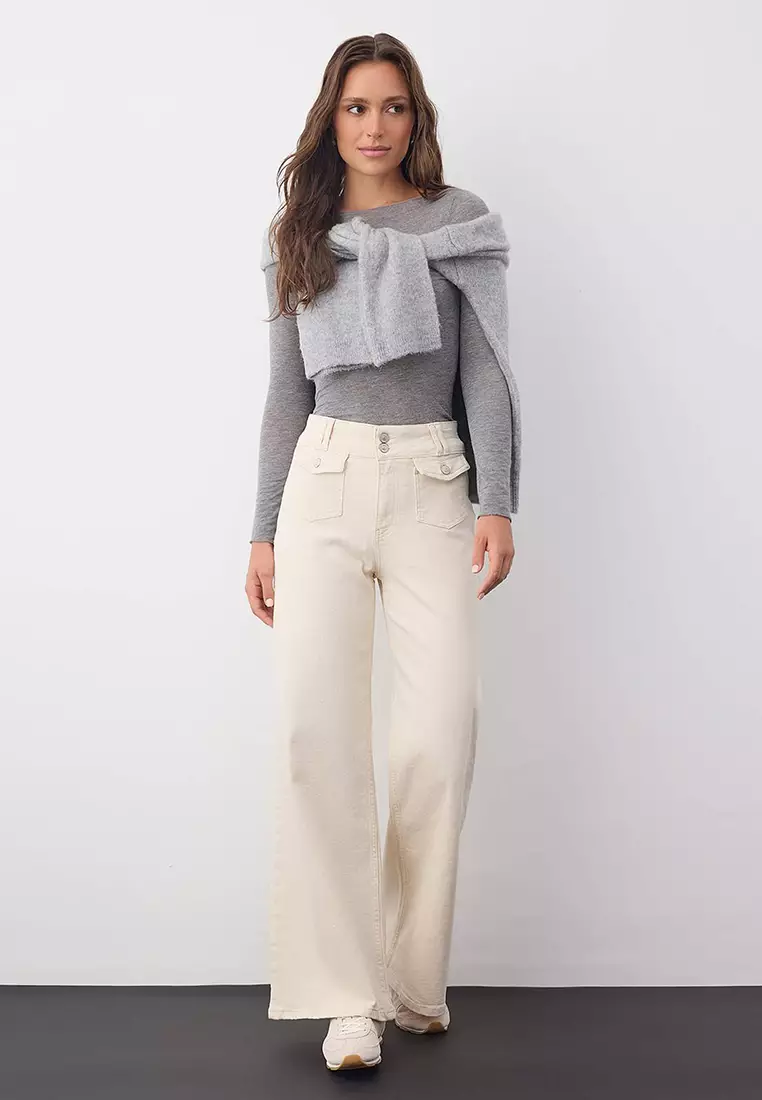Wardrobe Essentials Ecru High Waist Pocket Detail Comfort Flexible Wide Leg Palazzo Jeans Twoaw26Je00120