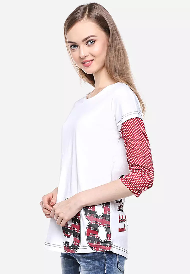 LGS - Regular Fit - Kaos Wanita - Putih - Lengan Polkadot
