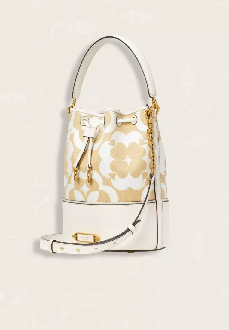 Kate Spade Spade Flower Monogram Raffia Gramercy Medium Bucket Bag Cream
