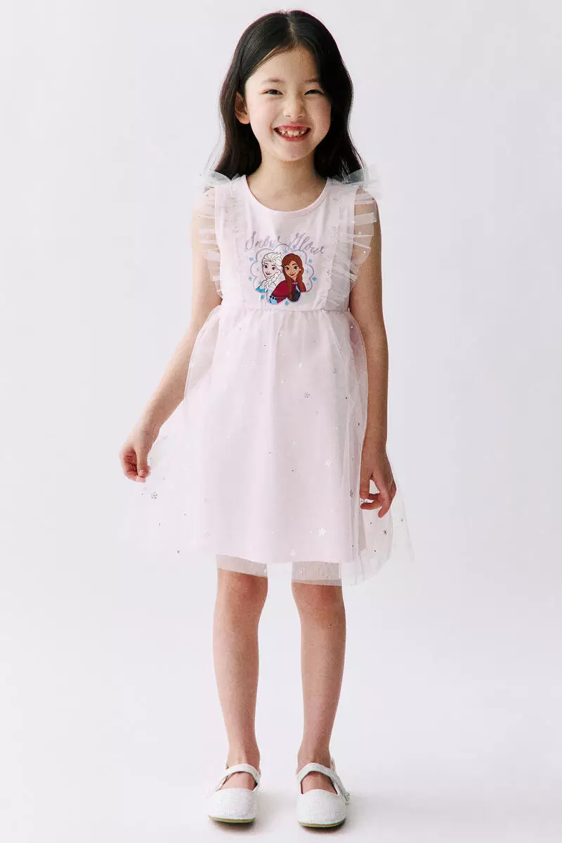 Print-motif tulle-skirt dress
