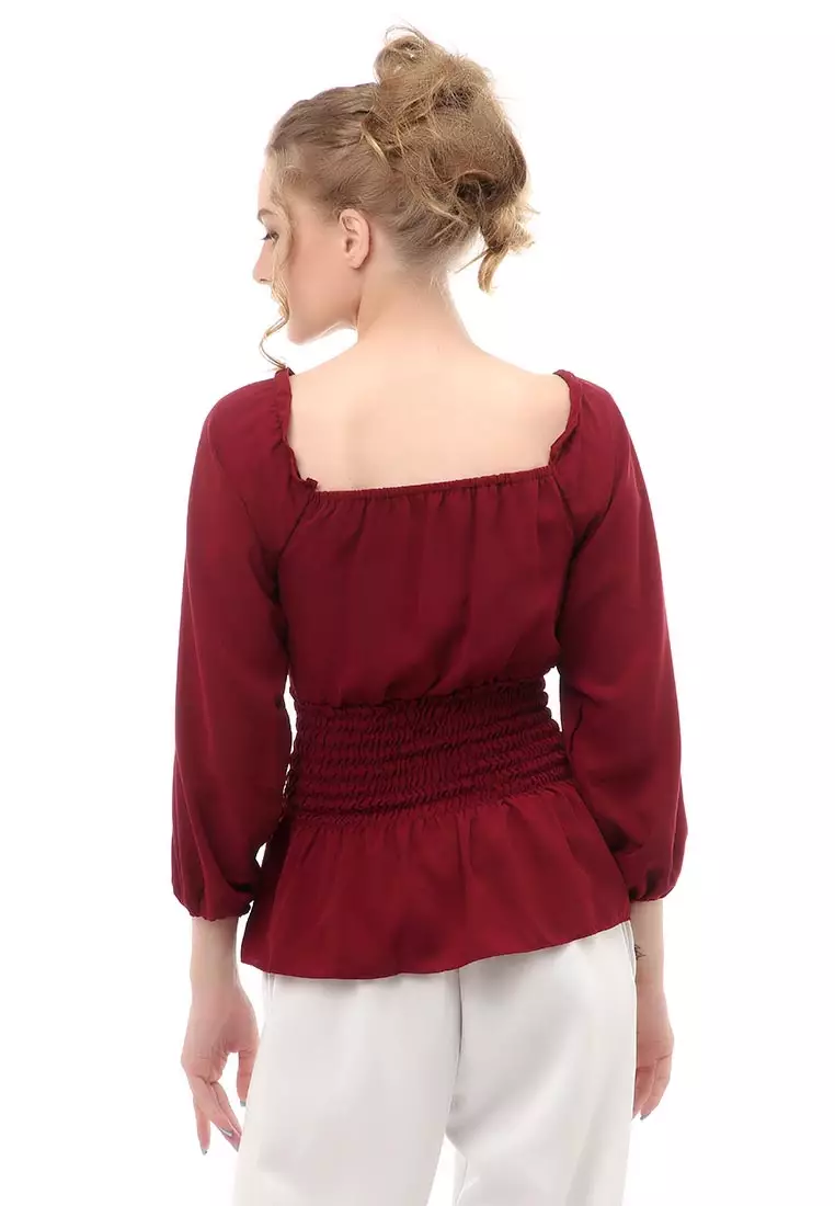 Cheva Blouse Atasan Wanita Sabrina Karet Pinggang Lengan Panjang Casual Shirt Long Sleeve Material Wolfis ORIGINAL