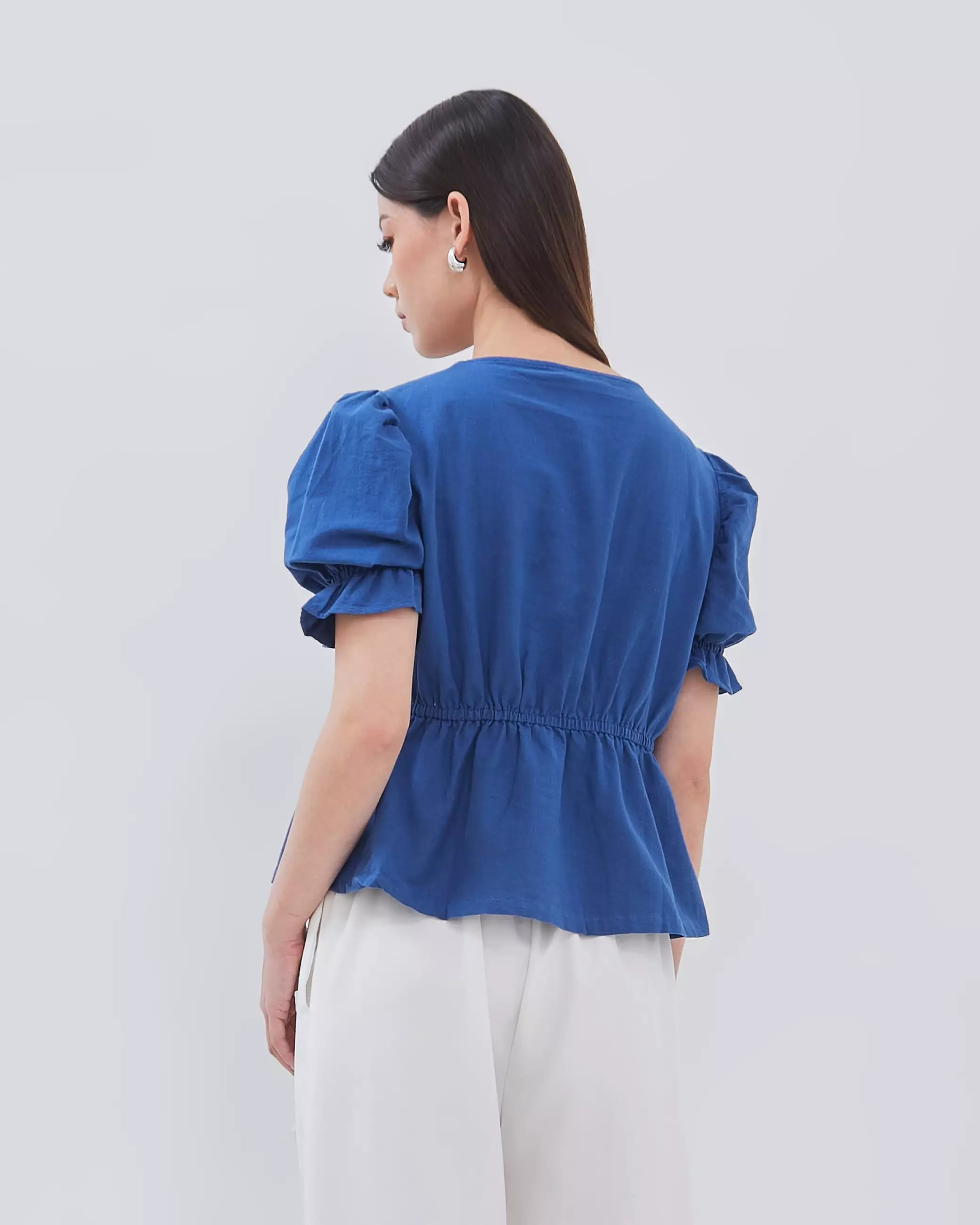 Urban Exchange Ziva Blue Blouse - Atasan Blouse Puff Sleeves Warna Blue