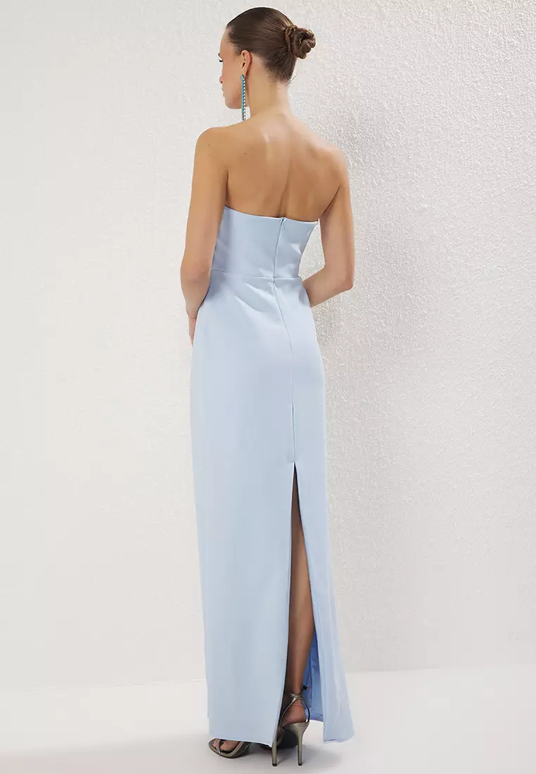 Light Blue Bow Detailed Woven Long Elegant Evening Night Graduation Dress TPRSS24AE00073