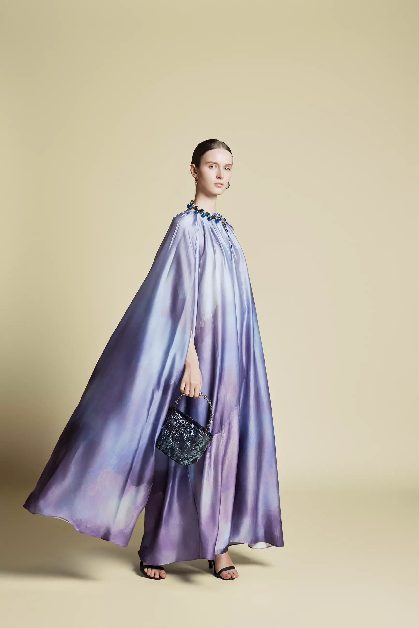 Demure Signature - Cape Kaftan in Italian silk Twill Abstract Purple - Dress