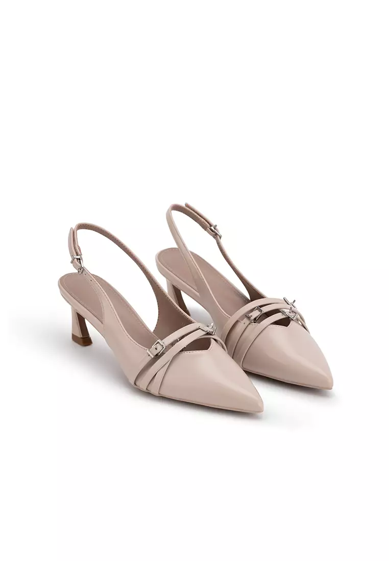 POINTED TOE BUCKLE SLINGBACK HEELS尖头扣饰后空高跟鞋