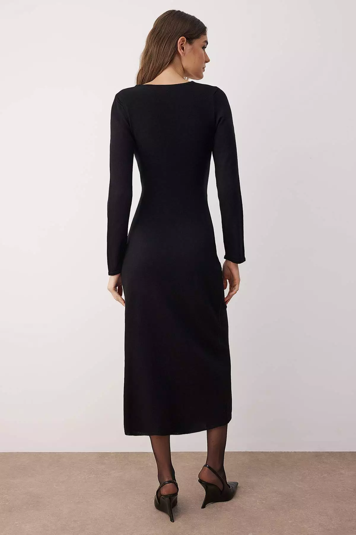 Black Plain Maxi Double-Breasted Knitwear Long Dress