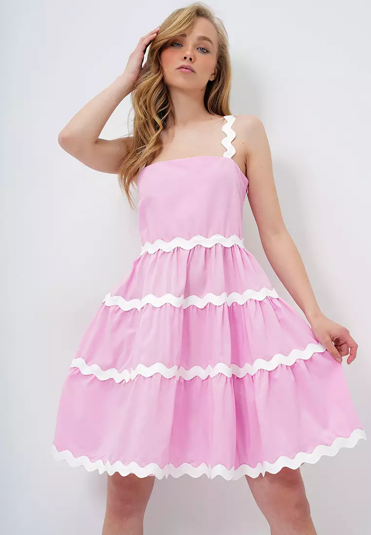 Women's Pink Zigzag Stripe Detailed Hidden Zipper Poplin Balloon Dress Alc-X14146