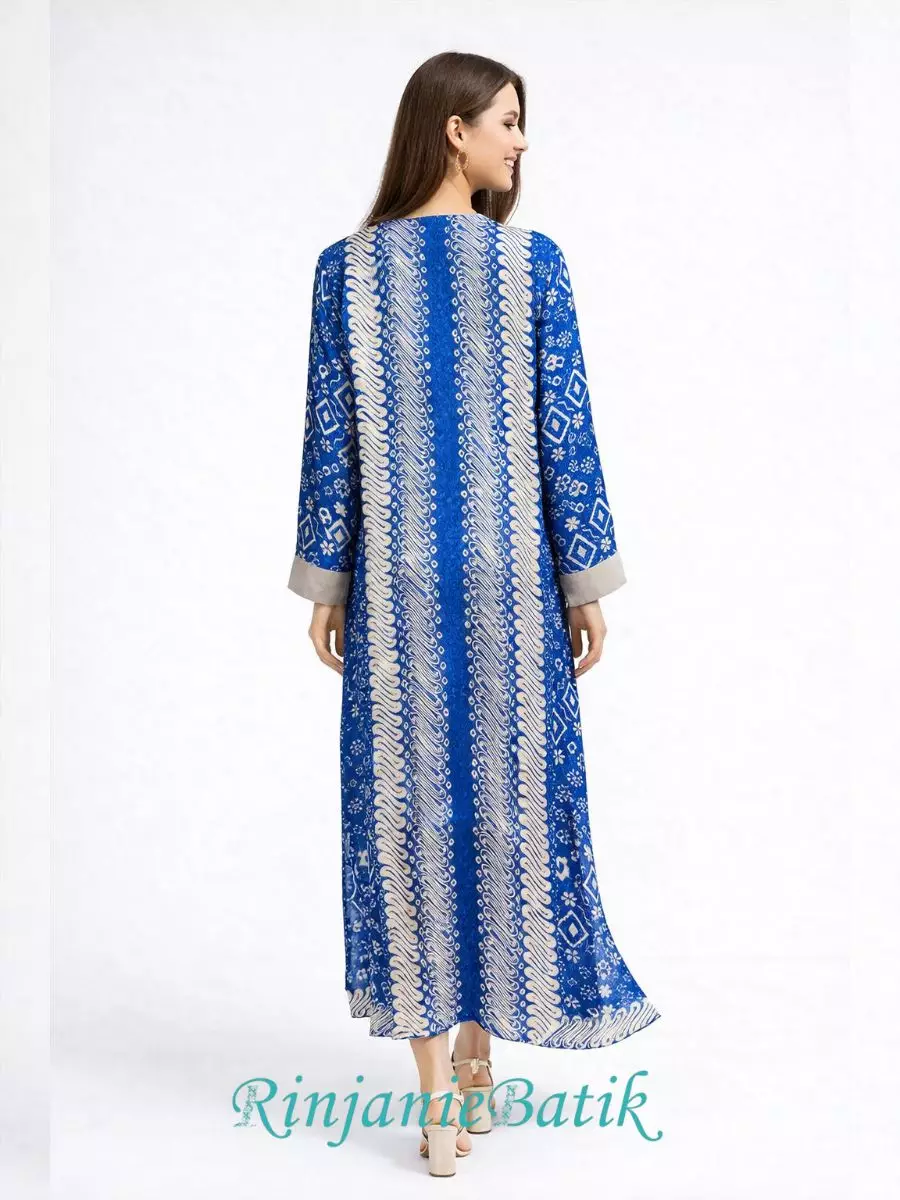 Rinjanie Batik - PDEU BR - Gamis Ramadhani Dynamic Blue - Batik Cap - Dress Raya