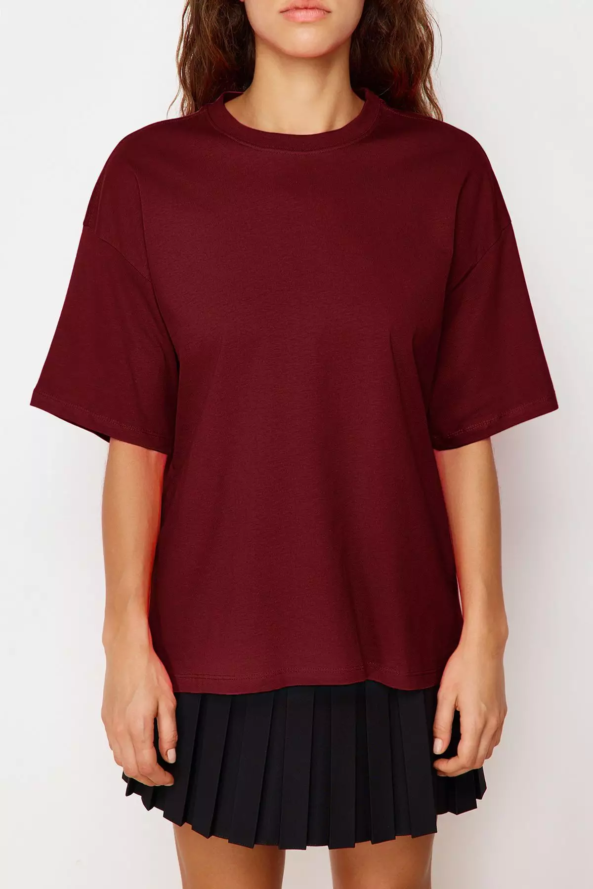 Claret Red 100% Cotton Premium Oversize/Wide Pattern Crew Neck Knitted T-Shirt TWOSS23TS00040