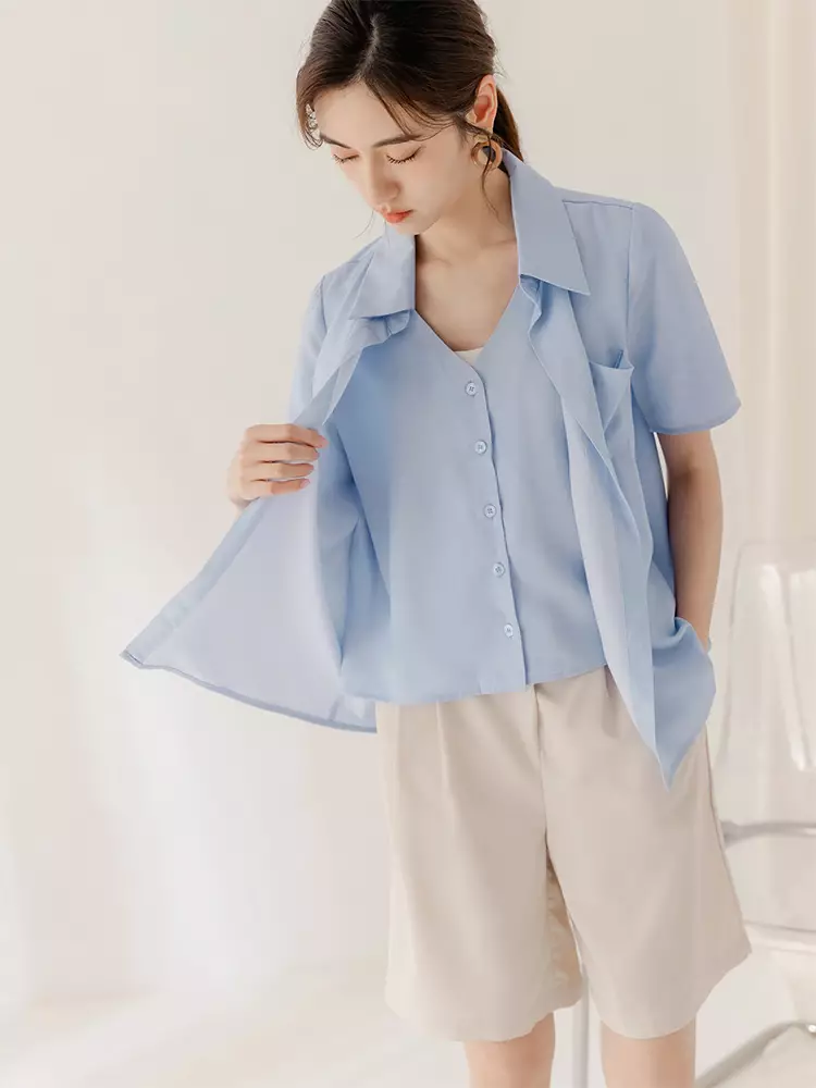 假兩件素色V領開襟短袖襯衫上衣《AB19392》