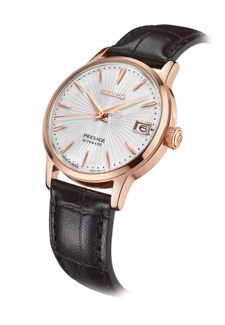 Seiko Presage Cocktail Time ‘Bellini’ Pale Pink Dial Brown Leather Band Automatic Watch SRP852J1