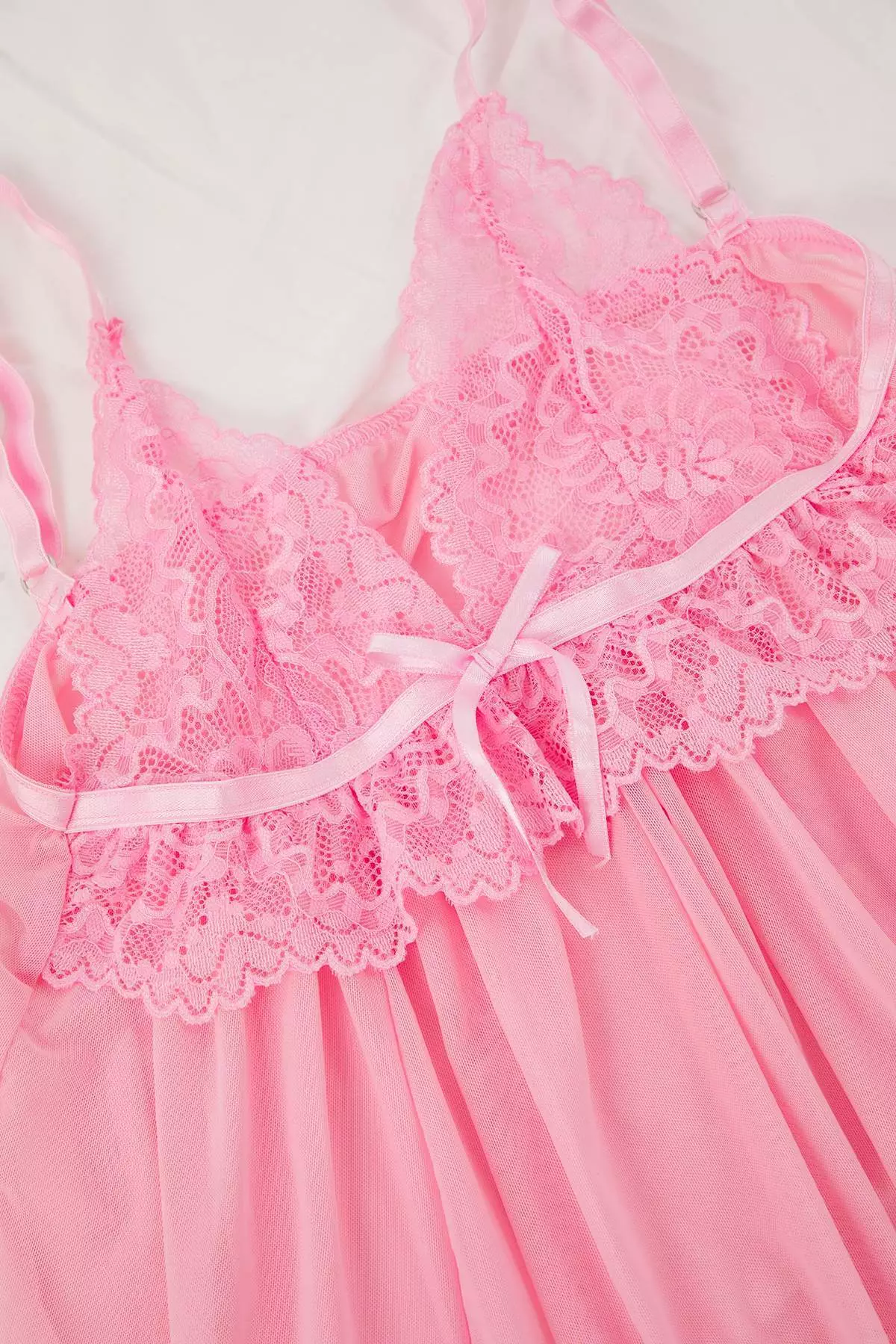 Pink Tulle Ribbon/Bow And Lace Detailed Uncovered Pantyhose Babydoll/Fantasy Nightgown