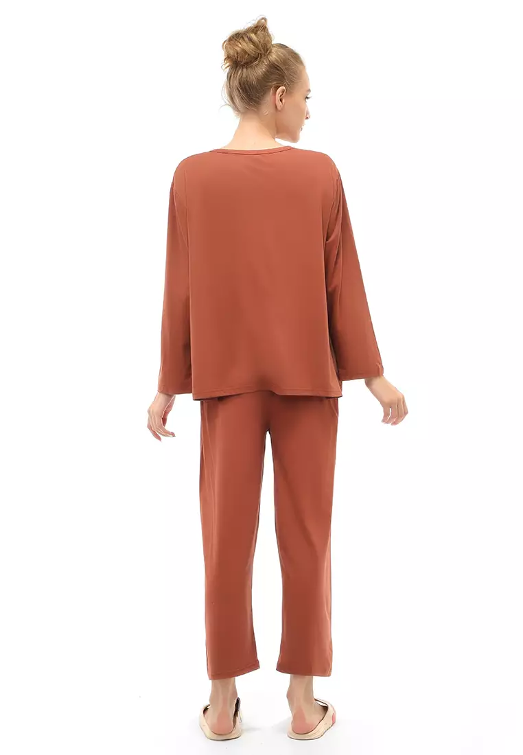 Vance Setelan Piyama Baju Tidur Wanita Nopouch Lengan Panjang Material Spandex ORIGINAL - Brown
