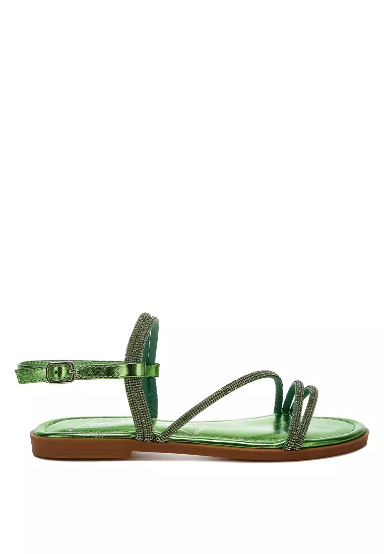 Discount on London Rag  shoes - SKU: Rhinestone Strappy Flat Sandals In Green