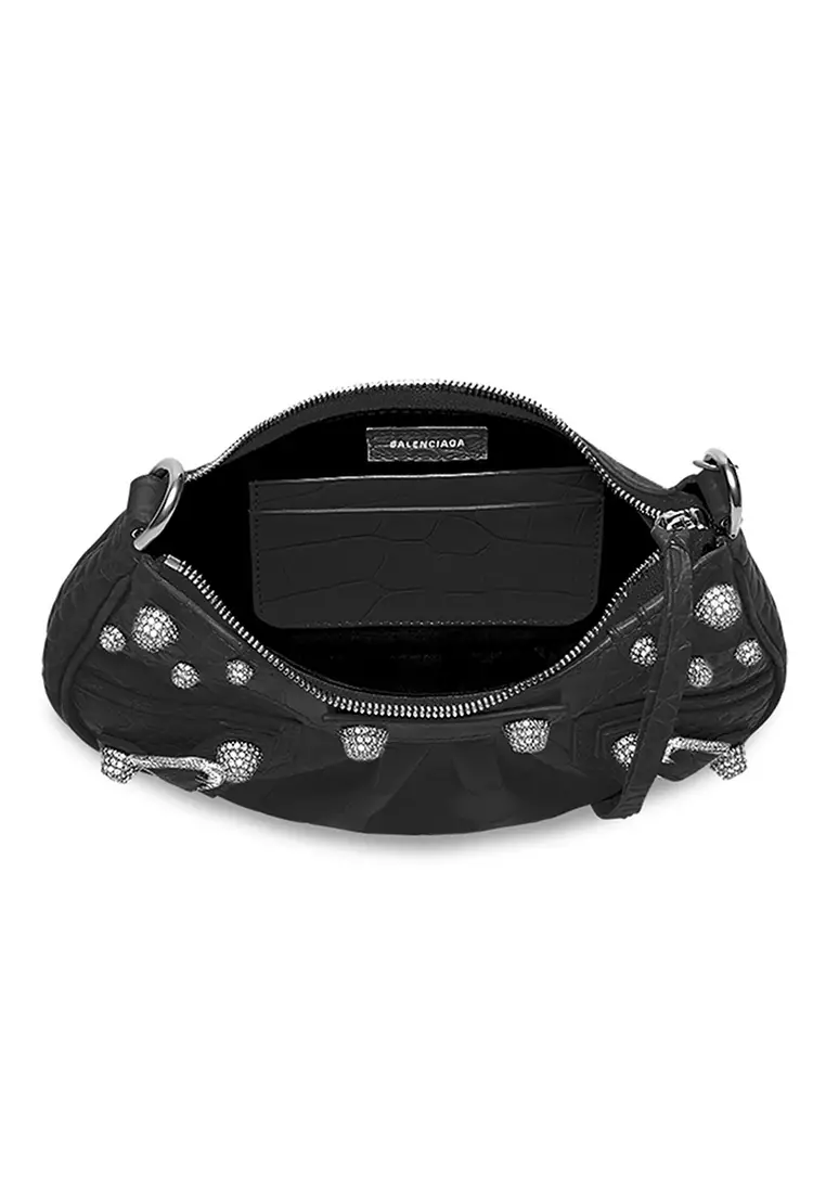 Chain Crocodile Embossed With Rhinestones Le Cagole Mini Shoulder Bag in Black