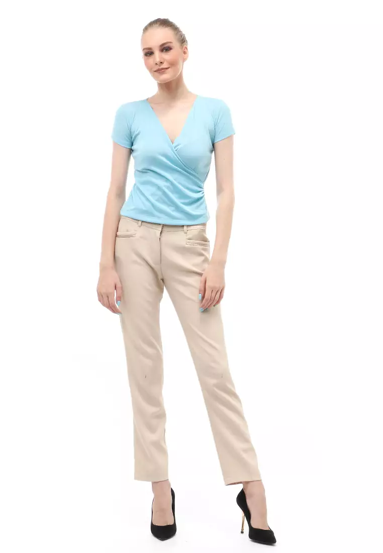 Blouse Atasan Wanita Short Sleeves Kerah V-neck Design Simple Elegant - Blue