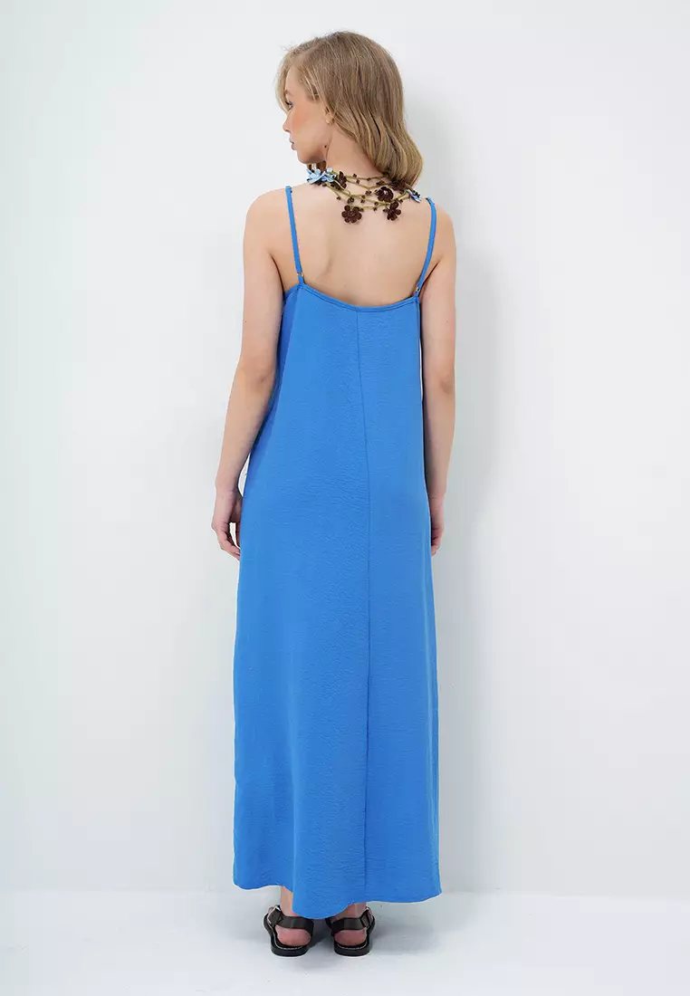 Women's Indigo Blue Adjustable Strap V-Neck Aerobin Summer Dress Alc-X14067