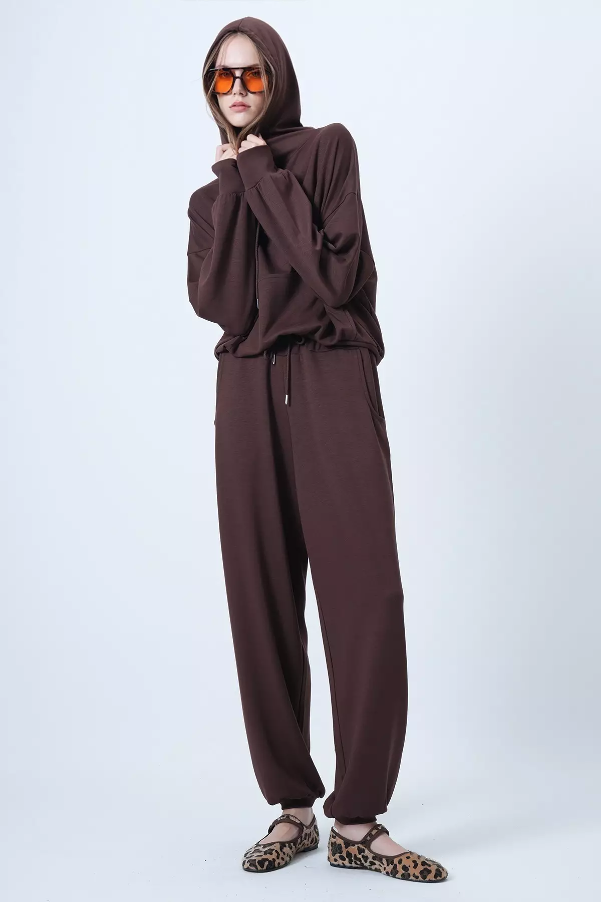 Brown Hooded V-Neck Oversize Modal Sweatshirt And Pants Set Alc-X14646