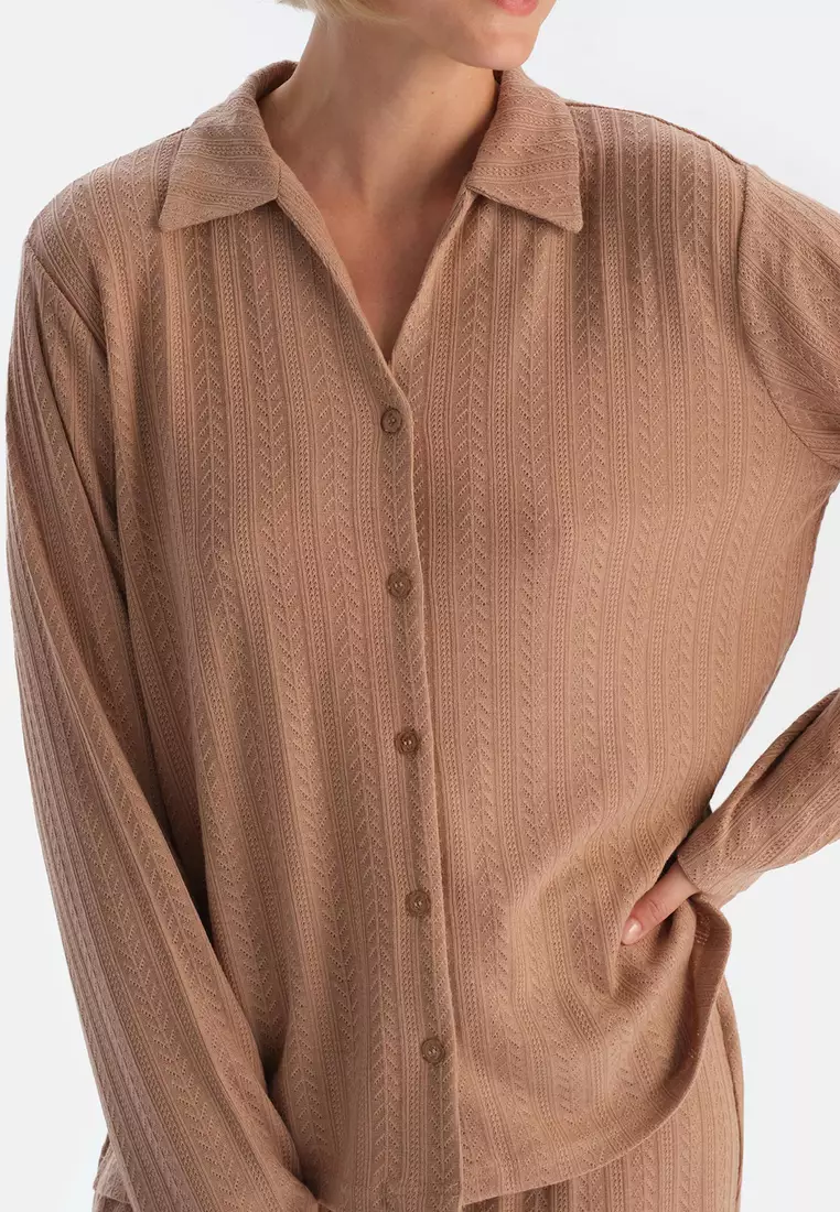 Beige Shirt, Shirt Collar, Regular Fit, Long Sleeve Loungewear for Women