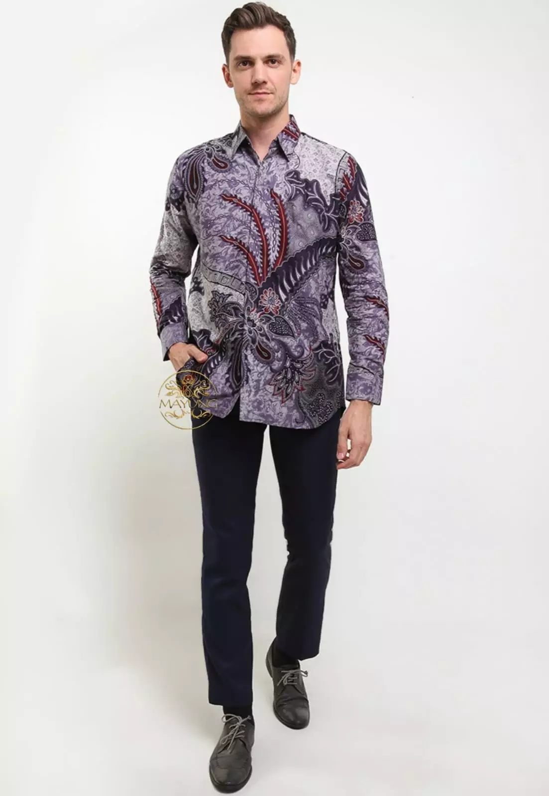 Flamboyan Ungu Kemeja Batik Pria Premium Slimfit Modern Lengan Panjang