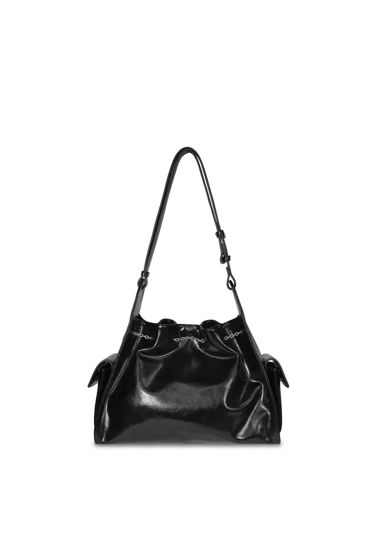 Senya抽繩皮革單肩包 - 黑色