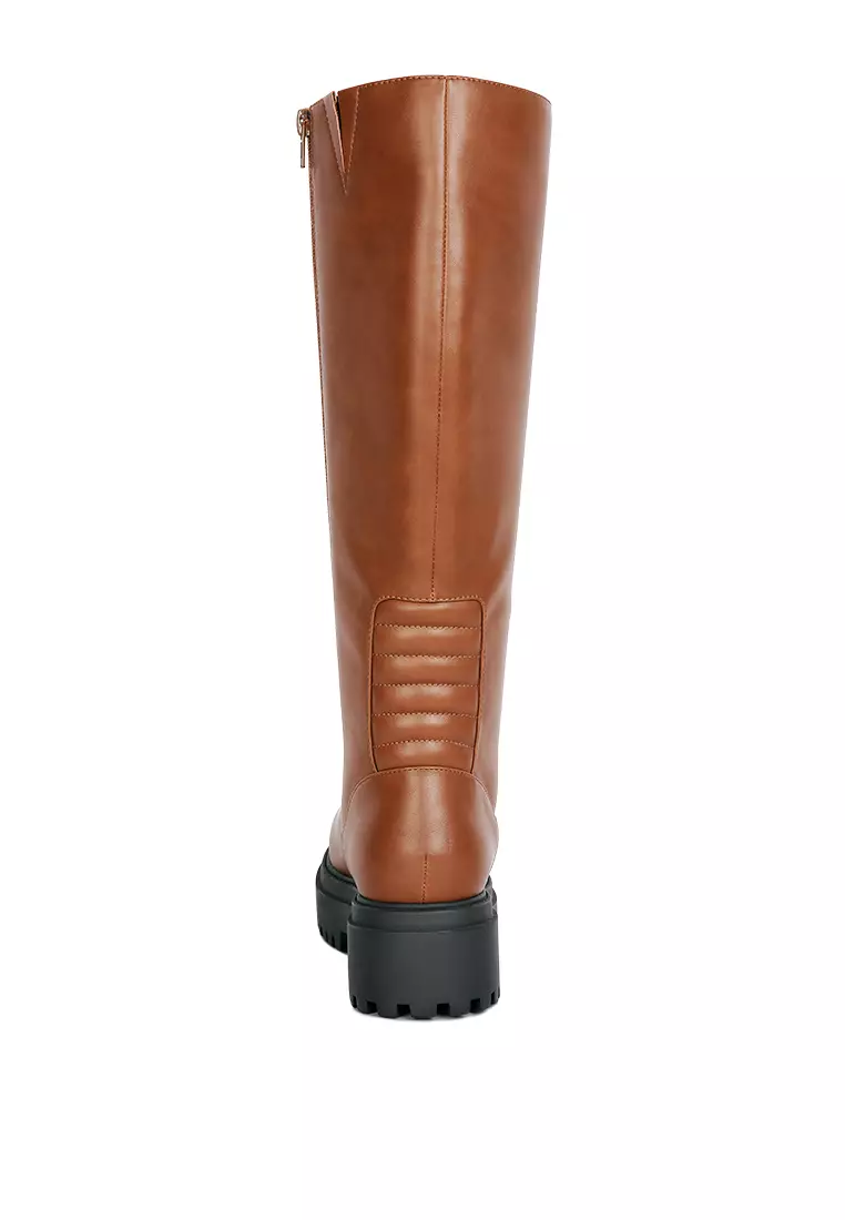Tan Round Toe Knee High Platform Boot