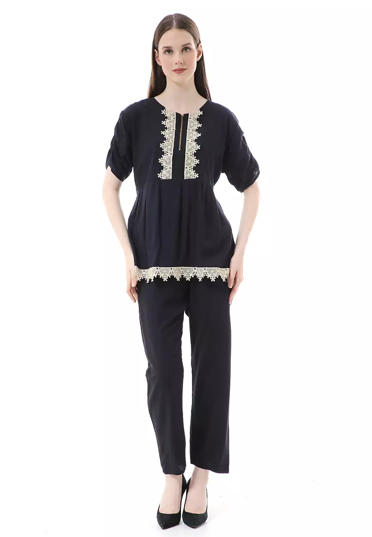 Zemira Piyama One Set Atasan Bawahan Wanita High Quality - Hitam